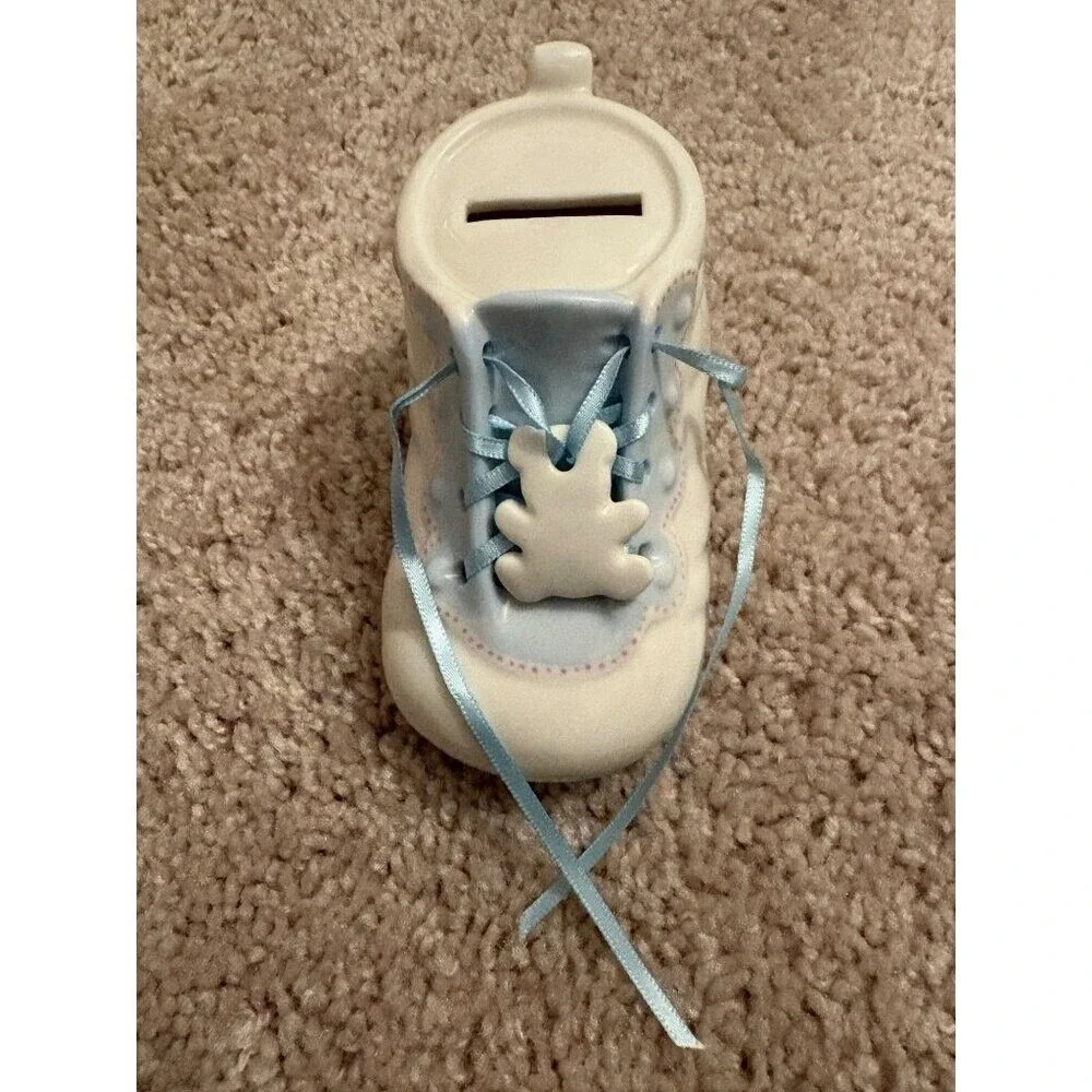 Ceramic Baby Shoe Coin‎ Bank NEW With Blue Lace Baptism Christening Birth Gift